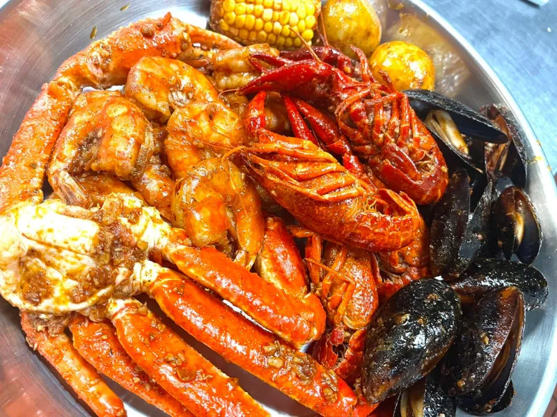 Mixed seafood boil with crab, crayfish and mussels at Sup Crab Pompano Beach, a Seafood Restaurant in Pompano Beach